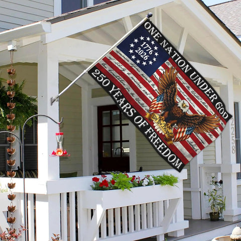 Patriotic 250th Anniversary USA Flag 3x5 Ft Double Sided Outdoor Banner displayed on porch with eagle and stars design.