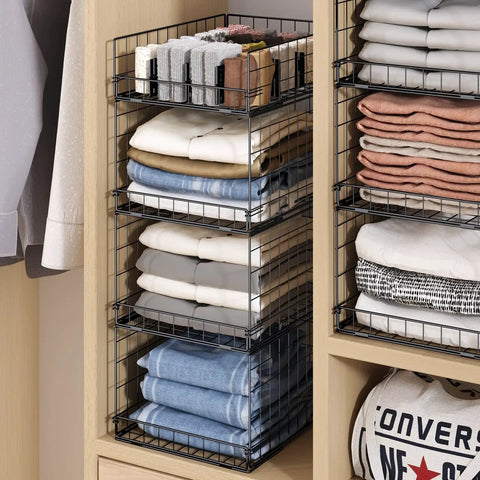 4 Tier Closet Organizers And Storage Shelves For Clothes, 4 Pack stackable metal wire bins with drawers in a closet