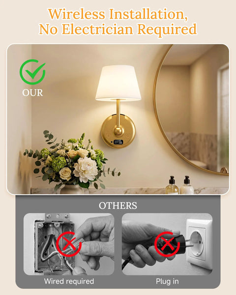 Battery Operated Wall Sconces Set of 2, Wireless Wall Lights with Rechargeable Battery, Smart Display & Remote installed in a chic decor.