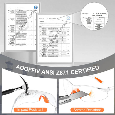 Kickass Bulk Anti Fog Safety Glasses With Impact Resistant Polycarbonate Lenses And Heavy Duty Anti Scratch Coating of ANSI Z87.1 test report.