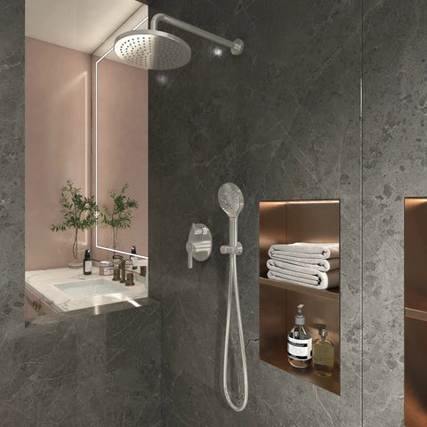 Brushed Nickel Shower Faucet Set Complete Shower System With 6 Inch Rain Shower Head Handheld Spray And High Pressure Rough In Valve Body