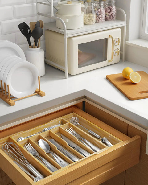 Expandable Bamboo Silverware Organizer For Kitchen Drawers, Big Capacity, Solid Utensil And Cutlery Tray, Natural Finish