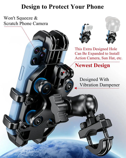 Beefy Heavy Duty Motorcycle Phone Mount with Vibration Dampener and Anti Shake Handlebar Cradle showing phone grip features