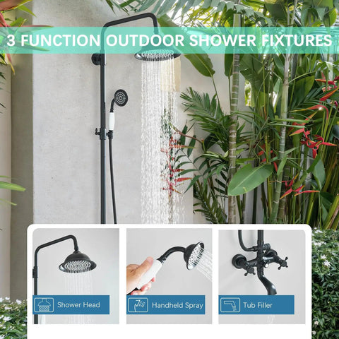 Matte Black Outdoor Shower System With 8 Inch Rain Shower Head, Handheld Spray, Tub Spout, Two Cross Handles, Wall Mounted Faucet Set