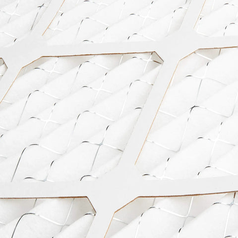 Close-up of 14x14x1 Air Filter 6-Pack MERV 11 for AC and Furnace shows white pleated material and wire grid.
