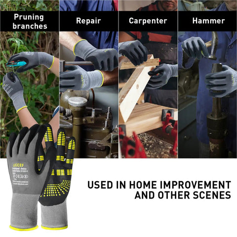 Endurance Knit Work Gloves With MicroFoam Nitrile Coating For Superior Grip And Dexterity, Tacky Dot Grip, shown in use for various tasks like pruning and carpentry, suitable for home improvement and industrial purposes.