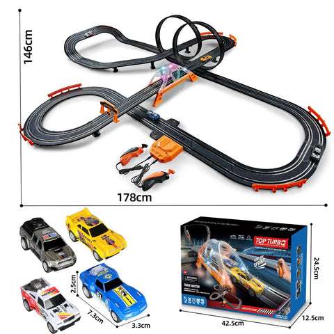 Epic Slot Car Racing Track Kit with 4 Cars Electric or Battery Powered, including Dual Race Flash Bridge and Pendulum Overpass
