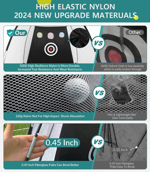 Comparison of nylon materials and fiberglass poles for Backyard Driving Practice Net 10x7 Ft With Tri Turf Mat For Indoor Or Outdoor Golf