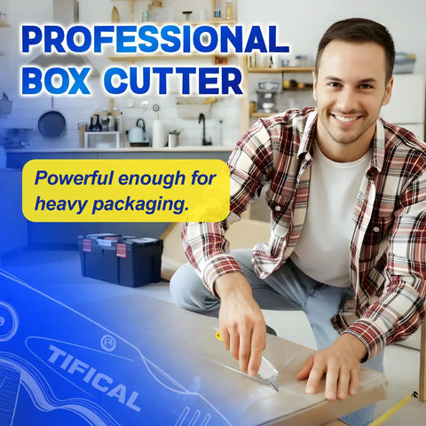 Man using Pocket Ready Box Cutter With Clip, Quick Change Folding Utility Knife Set on cardboard with toolbox in kitchen background.