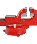 Heavy Duty 4 Inch Bench Vise Built Tough With 130,000 PSI Austempered Ductile Iron, 360 Degree Interlocking Swivel Base, Red