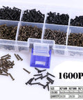 Top Shelf M2 Micro Screw Assortment With Cross Recessed Flat Head Tapping Fasteners In Black Oxide And Bronze Offering 1600 Pieces in a storage box.