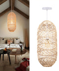 Boho Chic Natural Rattan Pendant Light With Woven Shade, 1 Light Hanging Ceiling Lamp For Bar And Hallway in cozy room setting