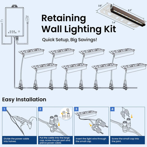 Diagram of Dope LED Retaining Wall Lighting Kit With 12V Low Voltage Transformer and installation steps.
