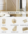Dope Gold Desk Organizer Set 6 Piece Metal Office Accessories with Mail Sorter, Pen Cup, Sticky Note Holder, Magazine Rack, Letter Tray, and Business Card Holder displayed.