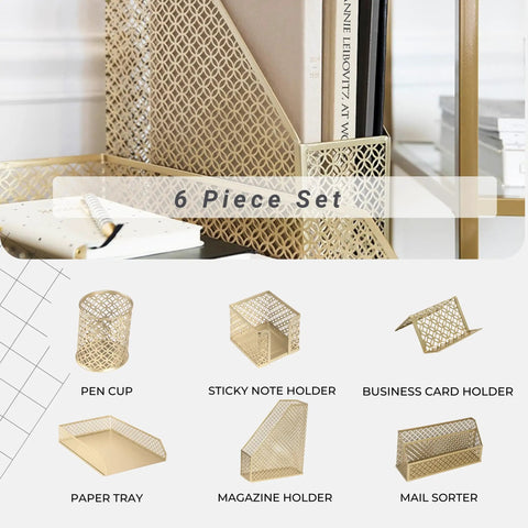 Dope Gold Desk Organizer Set 6 Piece Metal Office Accessories with Mail Sorter, Pen Cup, Sticky Note Holder, Magazine Rack, Letter Tray, and Business Card Holder displayed.