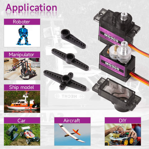 Applications of MG90S 9G Micro Servo Motor With Metal Gear For RC Cars Robots Helicopters Arduino Projects shown in various setups