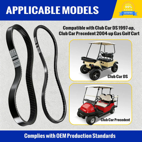 Club Car DS Precedent Drive Belt And Starter Generator Belt Kit For Golf Cart 1997 Up And Precedent 2004 Up For FE290 FE350 Motors Replaces 101916701 1016203 with images of two golf carts
