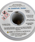 Close-up of Leaded Solder Wire 60/40 Sn60Pb40 0.031 Inch Diameter Rosin Flux 44 Core spool with safety labels visible.