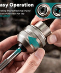 Close-up of adjustable tap socket with tap secured, showing knurled locking ring for easy operation in metalworking tasks.