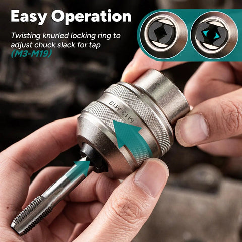 Close-up of adjustable tap socket with tap secured, showing knurled locking ring for easy operation in metalworking tasks.