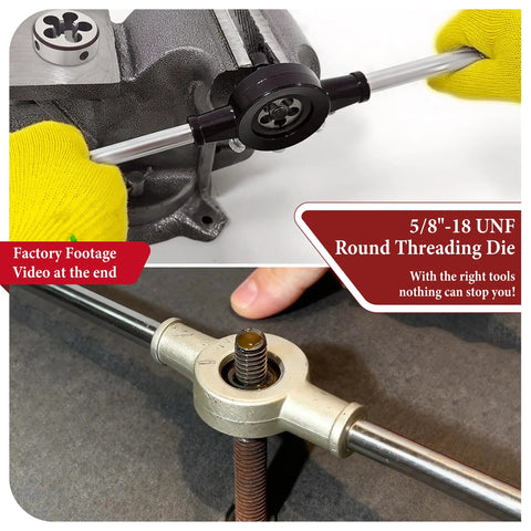 5/8-18 UNF Tap and Die Set HSS Beefed Up Right Hand Thread Tap and Round Die for Metalworking in use on metal rod