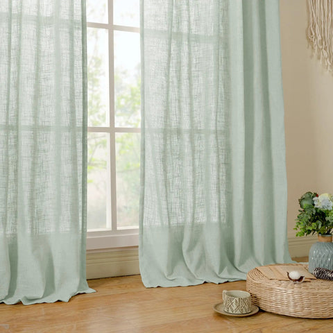 63 Inch Light Sage Linen Curtains Set Of 2 Semi Sheer Panels with back tabs and rod pocket on window for light filtering privacy