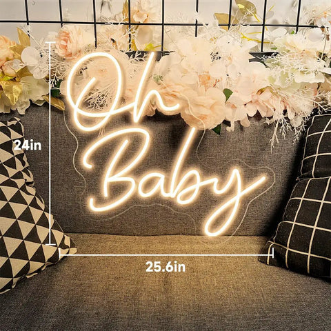 Custom Neon Sign For Any Party Oh Baby Warm White LED Neon Light for wall decor, 25.6in width, 24in height, floral background
