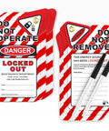 Heavy Duty Lockout Tagout Safety Tags Pack Of Twenty Five With Zip Ties showing red and white Do Not Operate labels with markers.