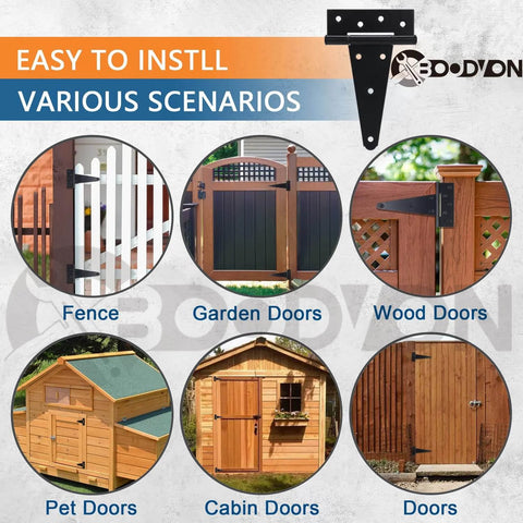 Image showing the use of 10 Inch T Strap Gate Hinges in black powder coated finish on various gates and doors like fence, garden, and cabin doors.