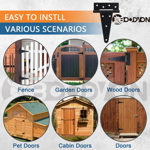 6 Inch T Strap Hinges Heavy Duty Black Wrought Iron Gate Hinges for Wooden Fences and Barn Doors showcased on various doors.