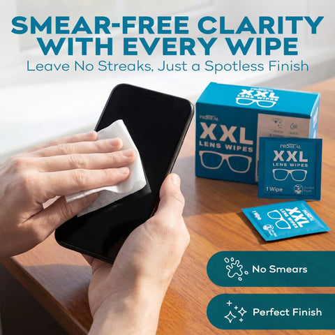 Person using Big Lens Wipes 50 Count for Glasses, Watches, Screens and More Clean Smudge Free with Quick Dry Isopropyl Alcohol