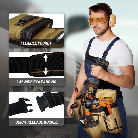 Heavy Duty Workhorse Tool Belt With Smart Magnetic Pocket Zone Fully Adjustable Waistband And Three Modular Detachable Pouches Holding 17 Compartments Built Different For The Daily Grind, with flexible pockets and padded strap.