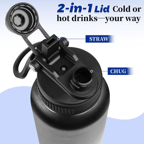 Bulk 8 Pack 32 Oz Double Wall Vacuum Insulated Stainless Steel Water Bottle With Leak Proof Flip Lid And Tote Handle, showing 2-in-1 lid options.