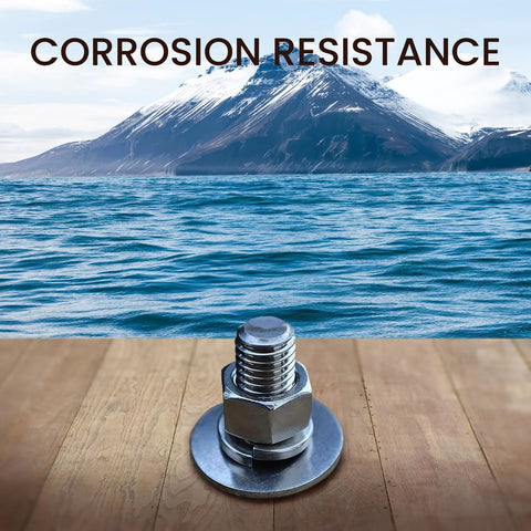 Front view of stainless steel bolt with large flat washer and nut on a wooden surface, ocean and mountains in the background.