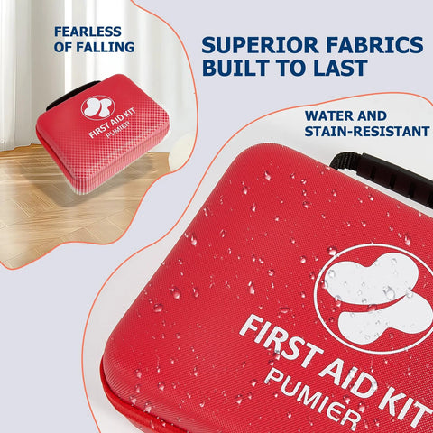 Front view of red waterproof compact hard-shell first aid kit with handle