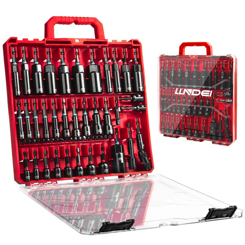55 piece Magnetic Impact Nut Driver Set for Pros in red case, including SAE and metric deep driver bits and extensions.