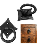 Mystic Colonial Cast Iron Ring Pull Handles With Screw Blackened Hammered Finish Antique Cabinet Hardware on wooden drawers