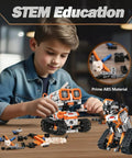 Child building robot from 5-In-1 STEM Robotics Kit for Kids 6 Plus With Remote Or App Control Coding Robot on table.