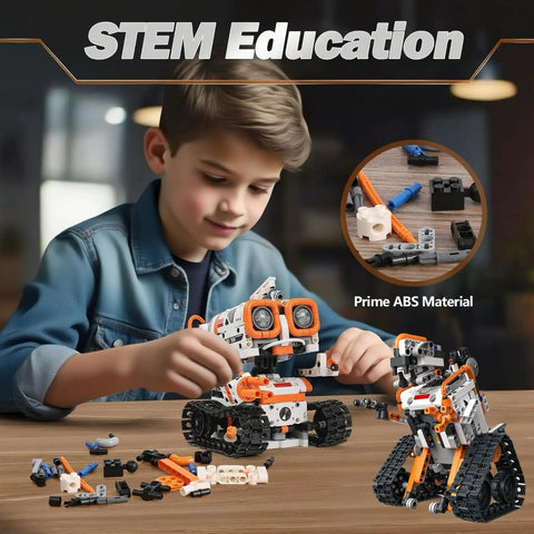 Child building robot from 5-In-1 STEM Robotics Kit for Kids 6 Plus With Remote Or App Control Coding Robot on table.