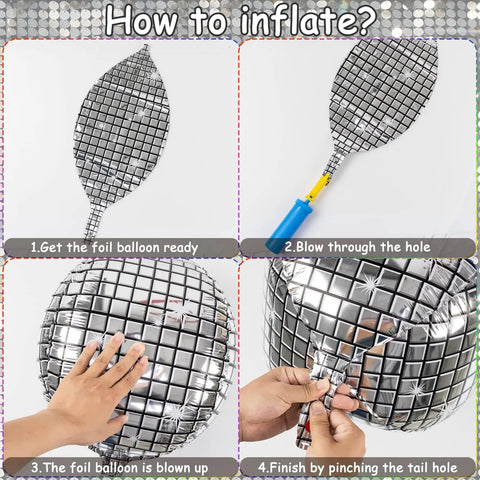Inflation steps for 4D Mylar Metallic Silver Disco Balloons in multiple sizes for parties.