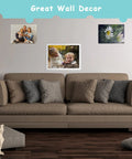 Wall decor with three framed jigsaw puzzles above a sofa, showcasing Six Pack Sublimation Blank Jigsaw Puzzles White A5 Size