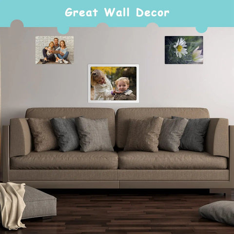 Wall decor with three framed jigsaw puzzles above a sofa, showcasing Six Pack Sublimation Blank Jigsaw Puzzles White A5 Size