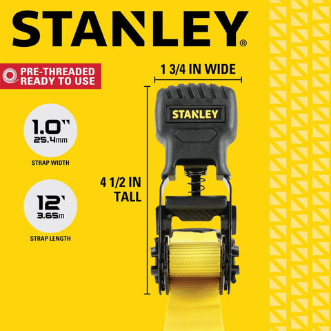 One Inch X Twelve Foot Ratchet Straps Four Pack Featuring Ergonomic Padded Grips And Heavy Duty Black Steel Clamps To Hold Things Lock Tight And Secure Gear With Zero Sweat, showing dimensions and strap details.