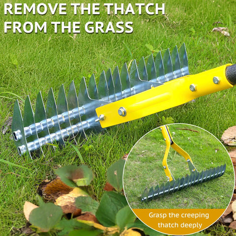 15-Inch Steel Thatch Rake For Lawn Dethatching And Soil Loosening on grass, yellow handle, black and metallic silver finish