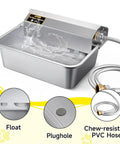 Slick Automatic Dog Water Dispenser With Hella Sturdy Two Gallon Stainless Steel Bowl For Indoor Outdoor Setup and Chew-resistant PVC Hose.