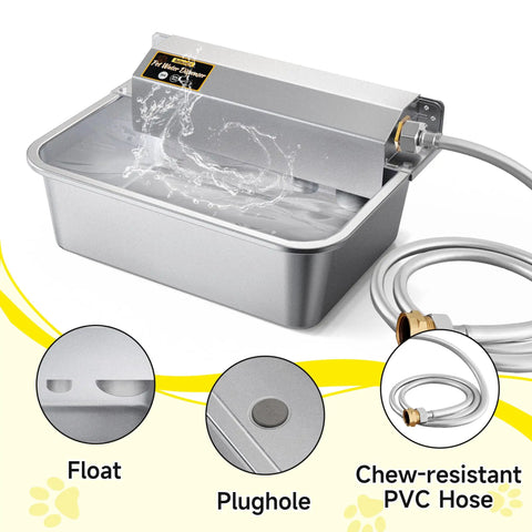 Slick Automatic Dog Water Dispenser With Hella Sturdy Two Gallon Stainless Steel Bowl For Indoor Outdoor Setup and Chew-resistant PVC Hose.