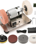 Compact Electric Mini Bench Grinder And Jewelry Buffer Polisher with various buffing wheels and accessories, showcasing powerful grinding capability.