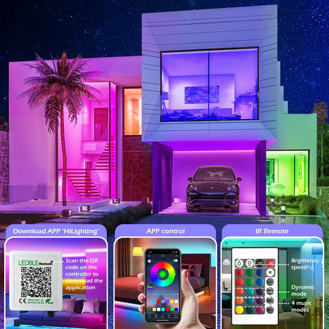 Modern house with 100Ft RGB LED Strip Lights With Music Sync showcasing color changes via Bluetooth app, IR remote, and smart controls.