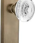 Old School New York Style Passage Door Knob Set Two And Three Quarter Inch Backset Antique Brass Finish Lead Free Crystal Inserts