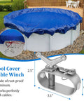 Heavy Duty 100 Foot Pool Cover Cable And Aluminum Winch Kit shown installed on above ground pool with blue cover